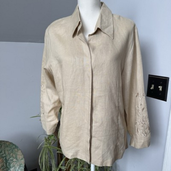 Linen Tan Natural 3/4 Sleeve Lucy Pirada Button Up Shirt Butterfly Cutout Large - Picture 1 of 6